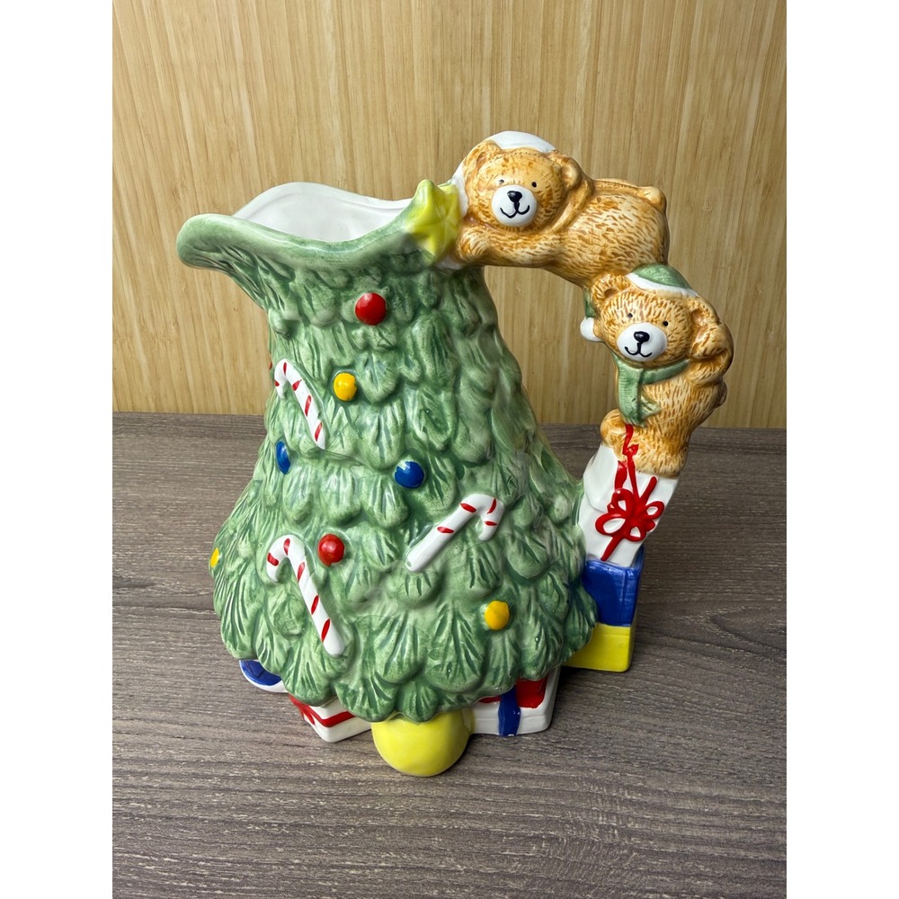 Palm Tree Christmas Tree Pitcher Teddy Bear Handle Ceramic Holiday Decor 7.5"